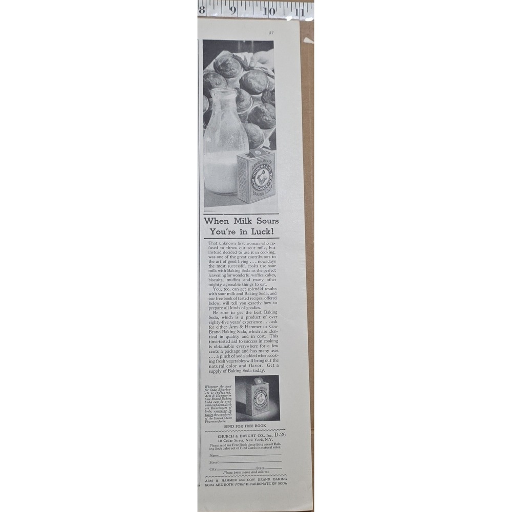1932 Arm & Hammer Cow Brand Baking Soda Vintage Print Ad When Milk Sours 11x2.5